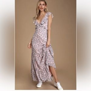 NWT Darling Daydream Blue and Pink Floral Print Ruffled Maxi Dress